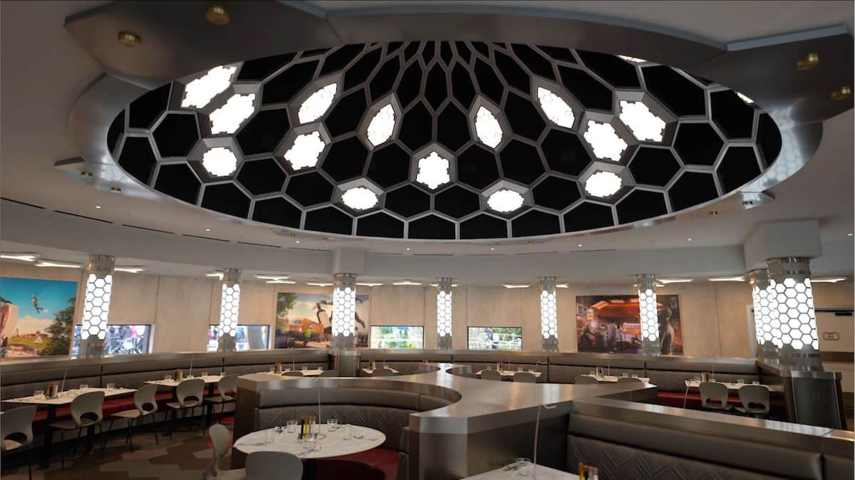 Dôme lumineux hexagonal conçu par Créalu&apos;min pour le restaurant Pym Kitchen, éclairage architectural inspiré du design Marvel