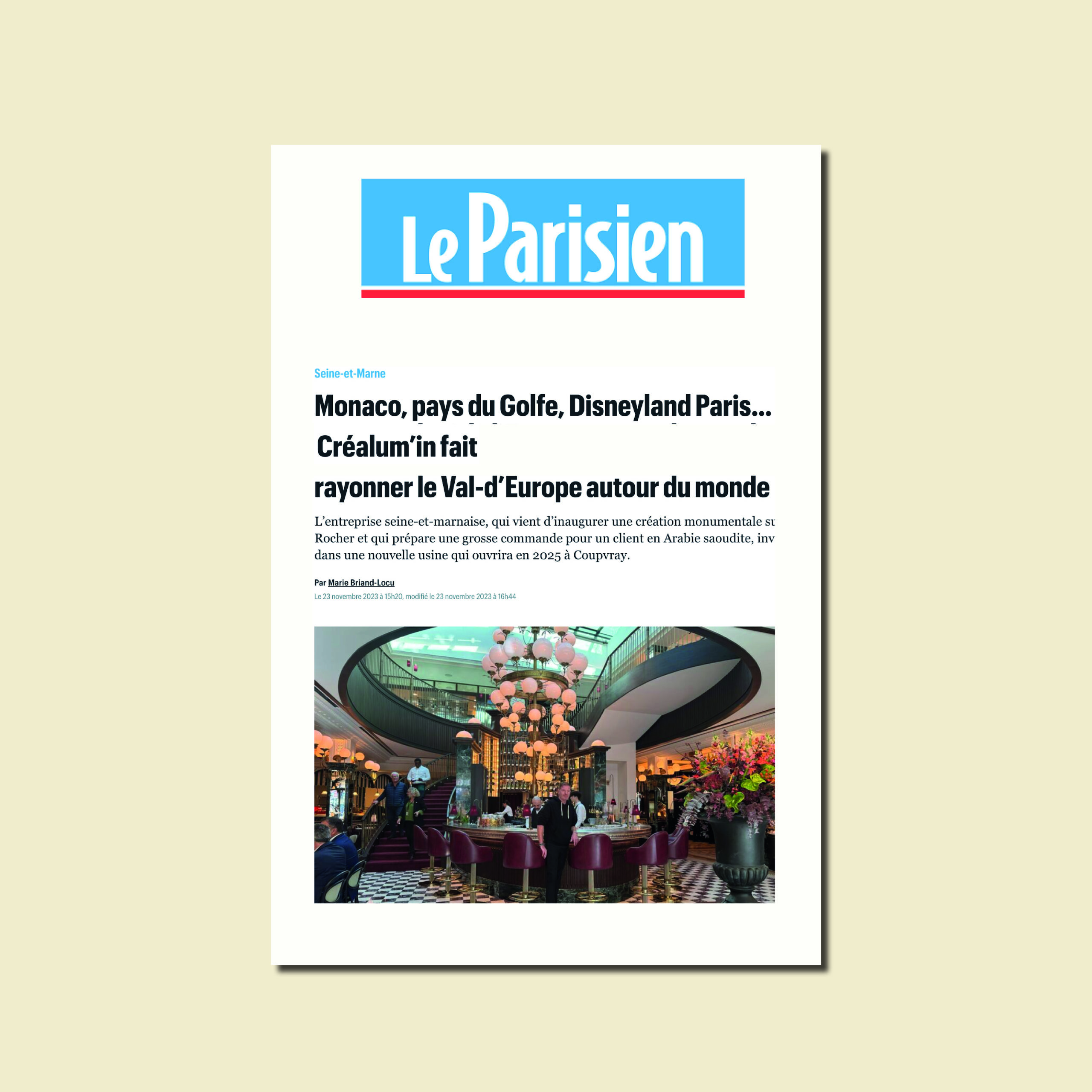 Article Le Parisien sur Créalum’in et ses luminaires design installés à Monaco, Disneyland Paris et au Moyen-Orient